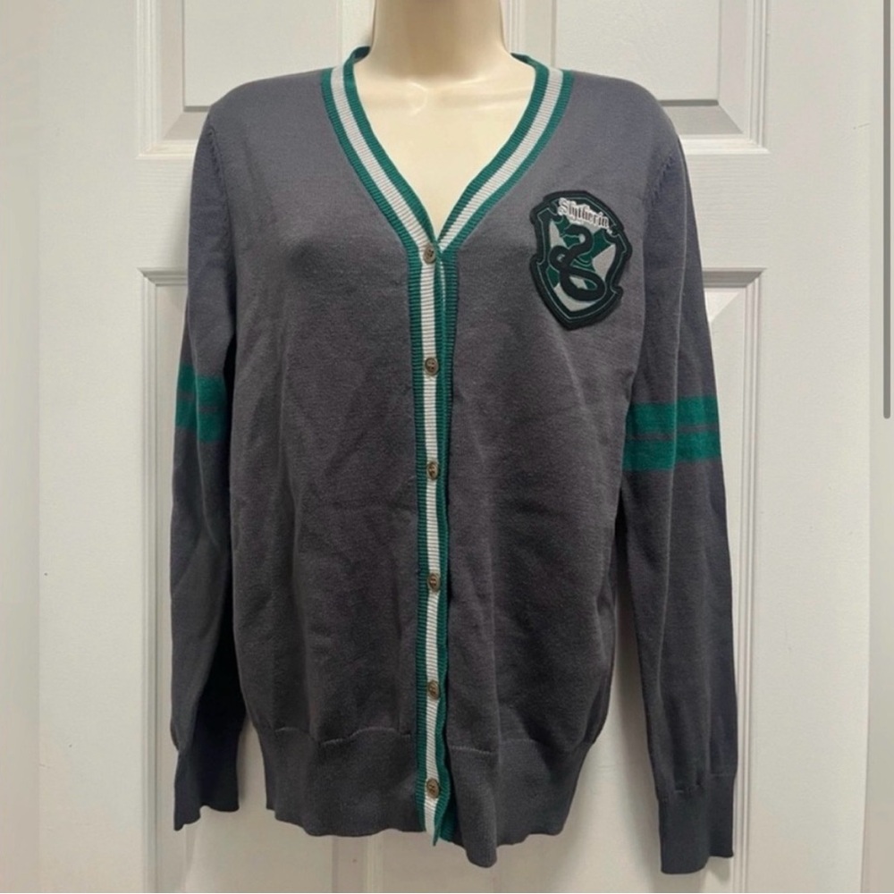 Harry Potter Slytherin Gray Cardigan Green/White Trim Button Up - Small - EUC
